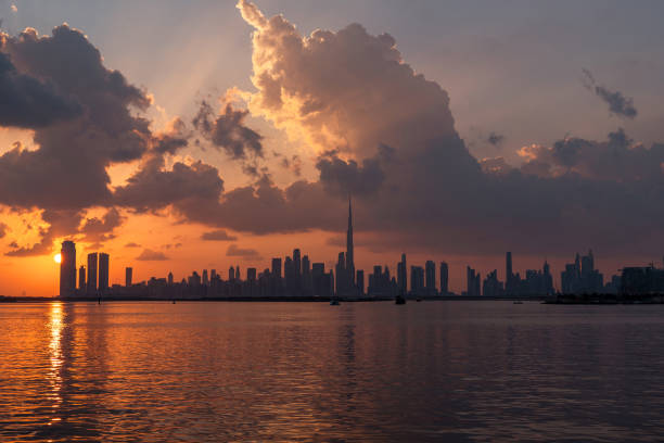 panoramic sunset view of Dubai Downtown cityline. High quality photo