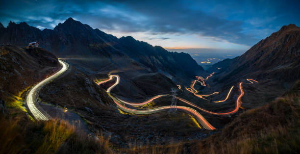 istock Transfagarasan mountain road with car light trails 2178109183
