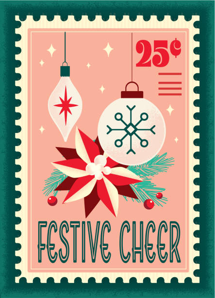 istock Festive Cheer postage stamp with retro ornaments and Poinsettia 2178114971