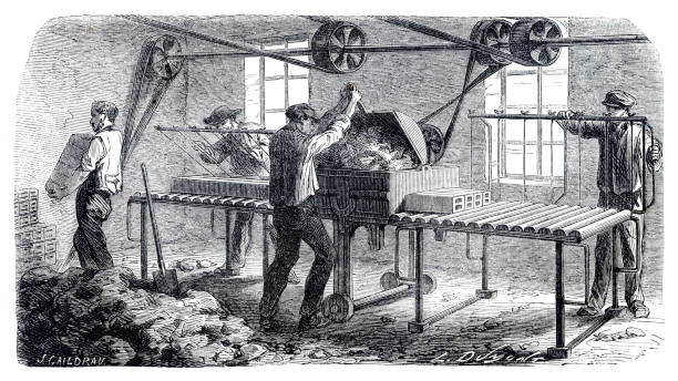 Workers manufacturing bricks in factory in Marseille France 1863Etienne Arnaud brick factory in Marseille, FranceOriginal edition from my own archivesSource : Ilustracion Artistica 1863
