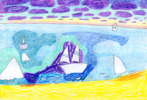 istock Hand drawn by colored pencils sea landscape with sandy beach, yacht and sailboat floating on the waves 2178121112