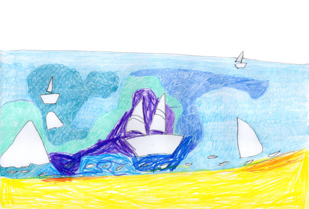 istock Hand drawn by colored pencils sea landscape with sandy beach, yacht and sailboat floating on the waves 2178121154