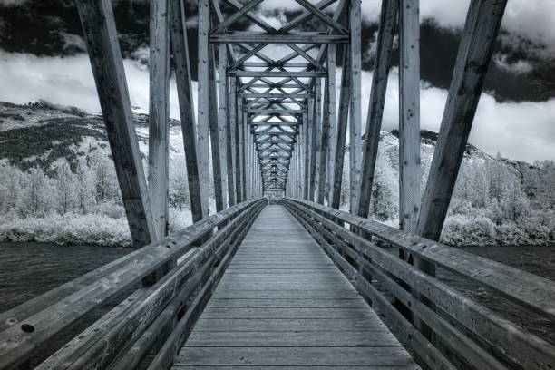 istock Monochrome wooden bridge with scenic mountain background. 2178137086