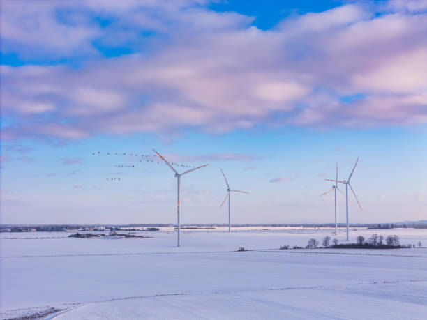 Snow-covered mountains with wind turbines along the ridge under a cloudy sky. Scenic coastal landscape with renewable energy elements. Mountainous terrain near a body of water.