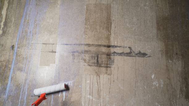 istock Man painting cement walls using roller brush and primer making a renovation. Priming the old wall with a roller. 2178139492