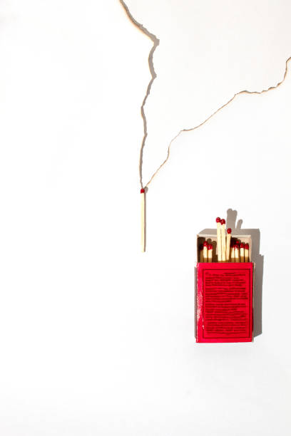Burnt white paper, matchbox and firewood