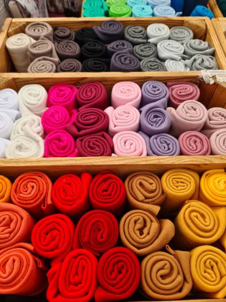 istock Detailed close up view on samples of cloth and fabrics in different colors found at a fabrics market 2178146664