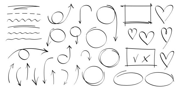 stockillustraties, clipart, cartoons en iconen met highlighter set. arrows, lines, hearts, oval, rectangle, underline strokes and marks. set of ellipses, rectangles, squares, ovals. collection of brush doodle elements and shapes for message notes - striemen van mondmasker