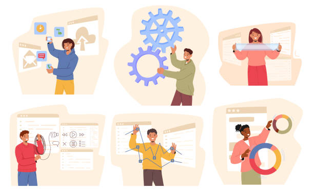 Collection Of People Interacting With Various Digital Interfaces, Representing Teamwork, Productivity, And Technology Collection Of People Interacting With Various Digital Interfaces, Representing Teamwork, Productivity, And Technology, Engage With Tasks Such As Data Analysis, Communication, And Modern Digital Tools process automation office stock illustrations