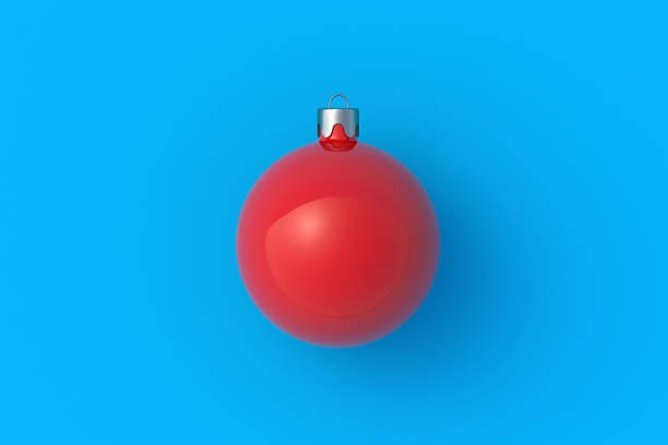One christmas ball on blue background. Round bauble. Traditional decoration. Top view. 3d render