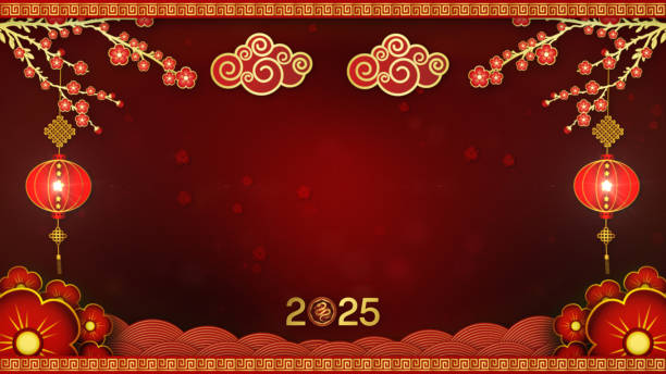 istock Elegant 2025 Chinese New Year Background With Lanterns, Cherry Blossoms, and Decorative Clouds On Red Backdrop. Celebration of Chinese New Year the Year of the Snake 3d Rendering 2178164680