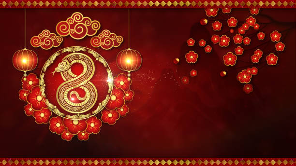 Snake Gold Zodiac Sign Number 8 Infinity Represents Endless Wealth. On Red Background, Celebration of Chinese New Year the Year of the Snake, Happy Chinese New Year 2025. 3d Rendering
