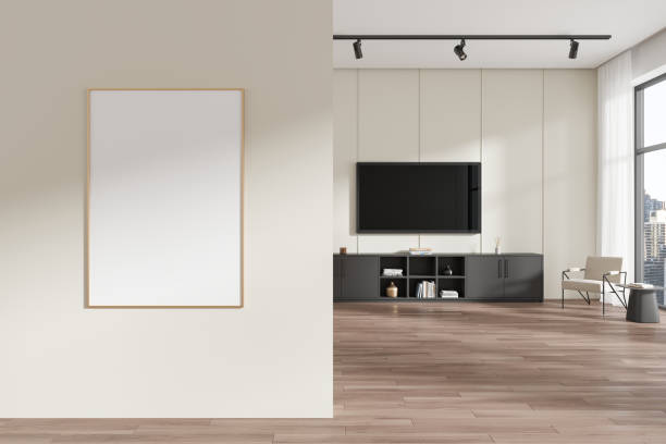 istock Living room interior armchair and tv screen with panoramic window, mockup frame 2178169408
