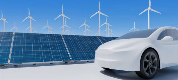 istock White futuristic car and solar panels with windmills on background 2178169498