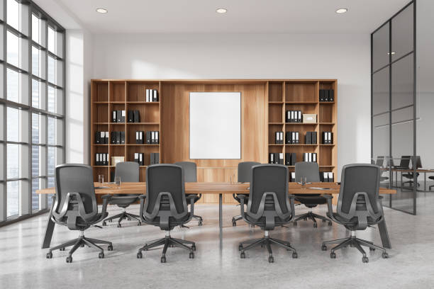 istock Cozy office room interior with meeting and coworking space, mock up frame 2178169703