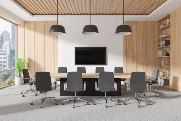 istock Modern conference room with a large table and chairs in an office building. 3D Rendering 2178169773