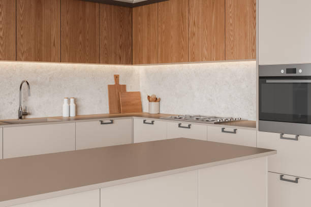istock Beige home kitchen interior with cooking cabinet, bar island and kitchenware 2178169798