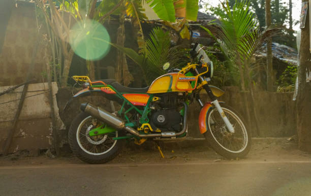 GOA, India - February 25, 2024: Royal Enfield Himalayan parked by the road. Motorcycle.