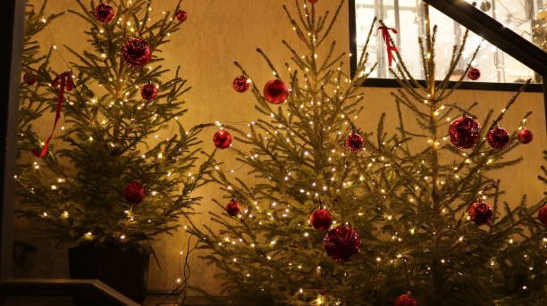 istock festive trees decorated with lights and red balls 2178174586