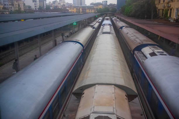 Hanoi, Vietnam. Hanoi Central Railway Station. Ga Hanoi train station building. Trains waiting at the train station. Travel photo, No body. June 6, 2024