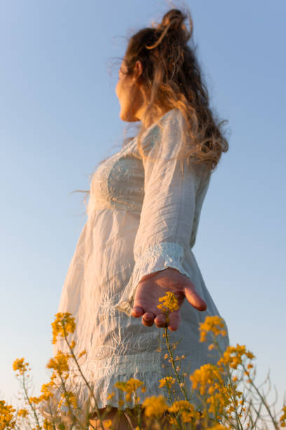 Girl in a field of yellow flowers  watching the sunset on a summer day.