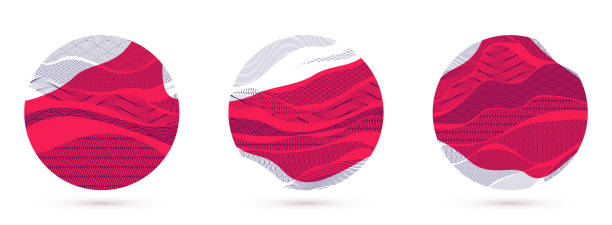 istock Oriental Japanese style vector abstract illustrations set in red color in a shape of circle, backgrounds in Asian traditional style, wavy shapes and mountains terrain, runny like sea lines. 2178177396