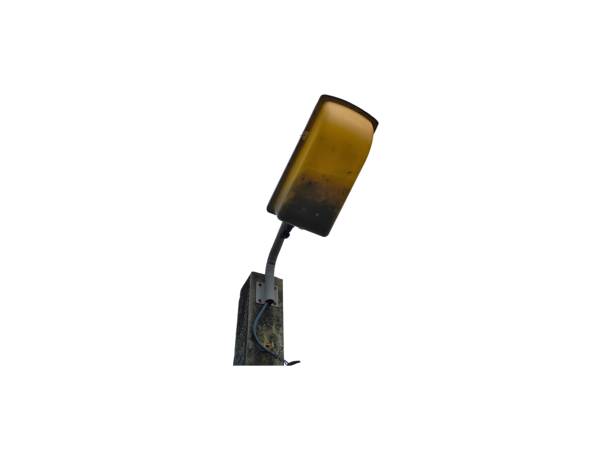 istock Old streetlight lamp isolated on white background. Abandon lamp pole. Broken light bulb 2178177570