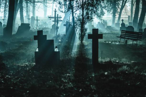 istock Misty cemetery with sun rays filtering through trees, highlighting various tombstones 2178177684