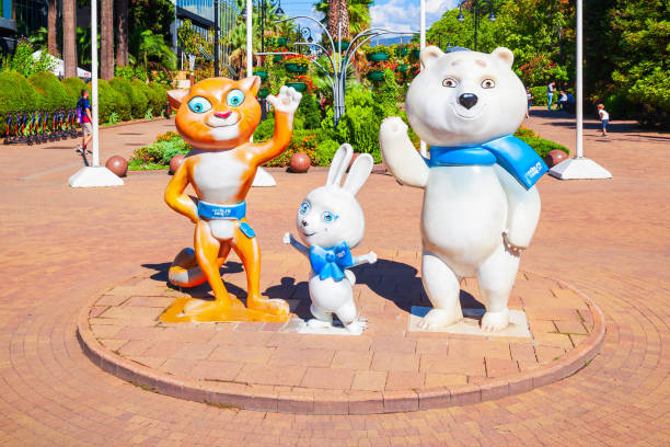 Sochi, Russia - October 04, 2020: Leopard, Hare and Polar bear sculptures are the mascots for the 2014 Winter Olympic Games in Sochi resort city in Russia