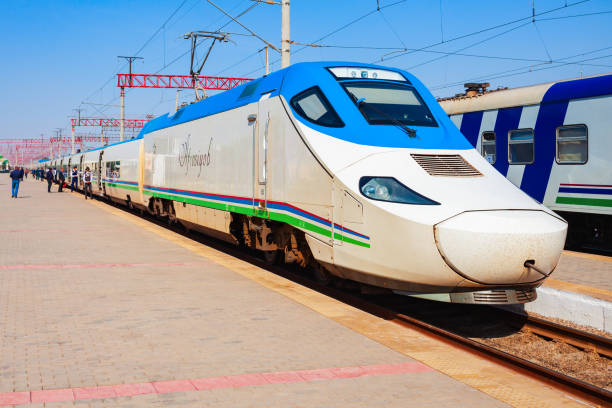 Bukhara, Uzbekistan - April 16, 2021: Afrosiyob or Afrosiab is a high speed electric train operated on the Tashkent - Samarkand line at Bukhara station, Uzbekistan