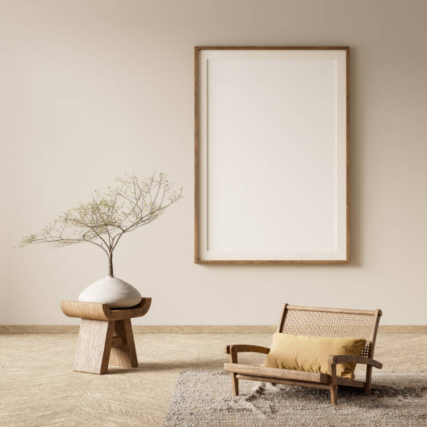 istock Mock up poster frame in boho style decorated livinig room. Modern, authentic Interior design of living room with wooden furnitures. 3D illustration 2178179982