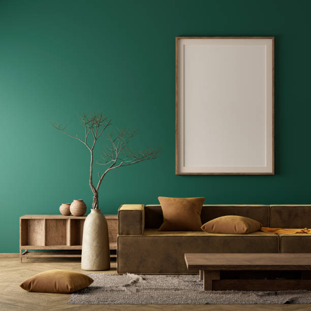 istock Mock up poster frame in boho style decorated livinig room. Modern, authentic Interior design of living room with wooden furnitures. 3D illustration 2178180057