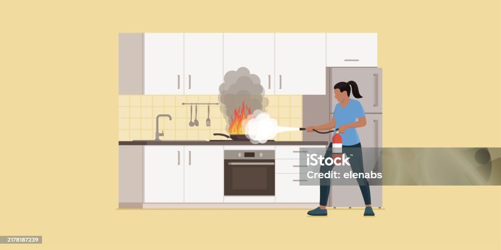 Kitchen Fire Drawing Fire In The Kitchen And Woman Using A Fire Extinguisher Stock ...