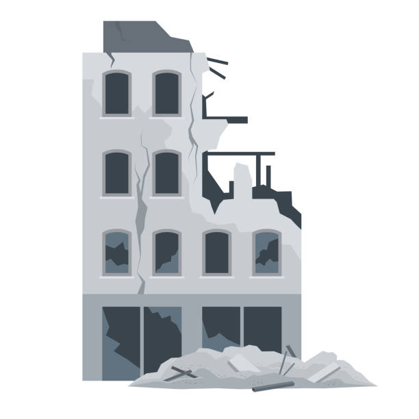 ilustraciones, imágenes clip art, dibujos animados e iconos de stock de edificio destruido tras una catástrofe - en ruinas