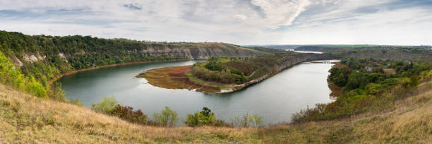 istock Bends Zbruch river in canyon-like valley with rock banks 2178190948
