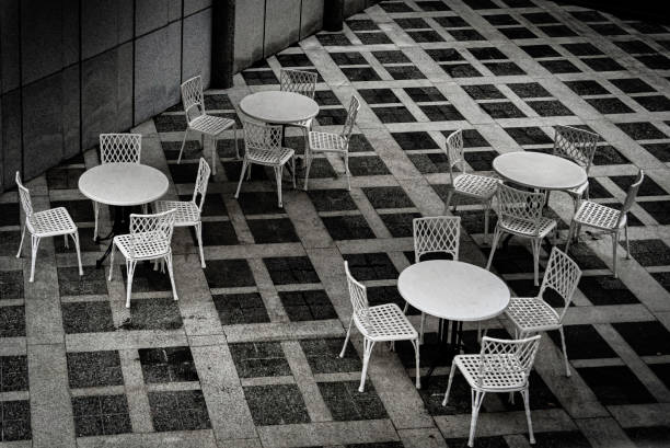 wooden tables and benches on the pavilion terrace