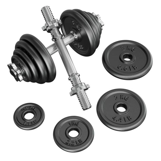istock Black Adjustable Dumbbel and one taken apart. Rod handle, weight plates 2178199588