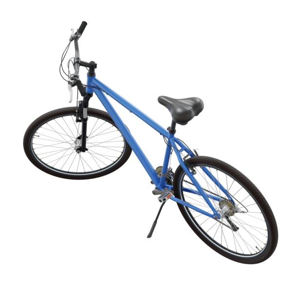 istock Blue bicycle standing on kickstand, side back view isolated on white background 2178199694