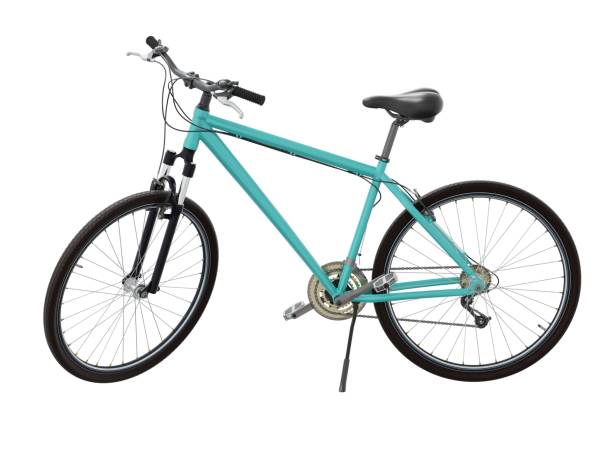 istock Blue teal bicycle standing on kickstand, side view isolated on white background, 3D illustration 2178199721