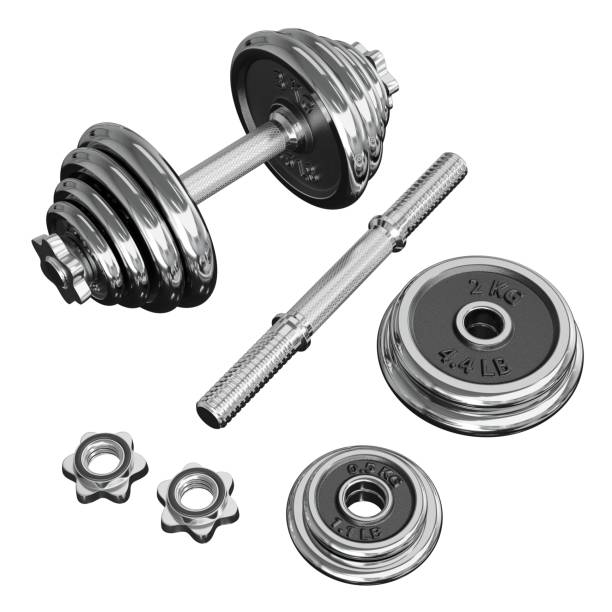 istock Chrome Adjustable Dumbbel and one taken apart. Rod handle, weight plates, locks 2178199757