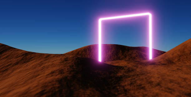 istock 3d render, abstract background, cosmic landscape, round portal, pink blue neon light, virtual reality, energy source, glowing round frame, clean cky with ultraviolet spectrum laser ring, rocks, ground 2178210725