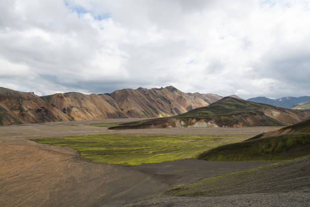 Beautiful view of Landmannalaugar mountains near the base camp, starting point of hiking paths, on a summer day with cloudy sky.