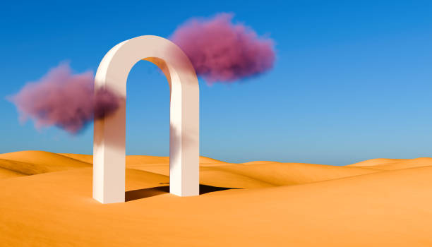 istock 3d render, Surreal desert landscape with white arche and pink clouds in the blue sky. Modern minimal abstract background. Premium podium made of stone on send background with smoke fluffy clouds 2178211914