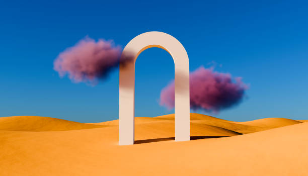 istock 3d render, Surreal desert landscape with white arche and pink clouds in the blue sky. Modern minimal abstract background. Premium podium made of stone on send background with smoke fluffy clouds 2178211921