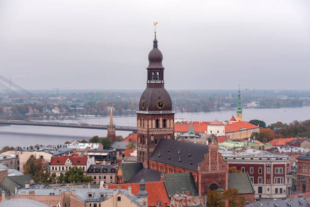 Panoramic view of Riga Cathedral and Daugava River during autumn day, Latvia