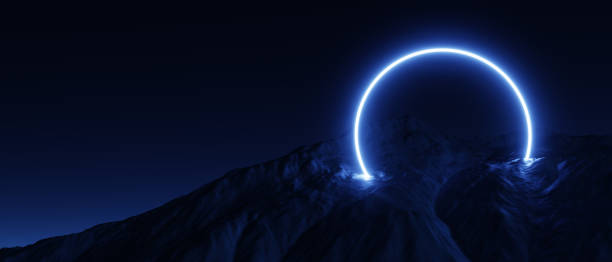 istock 3d render, abstract background, cosmic landscape, round portal, pink blue neon light, virtual reality, energy source, glowing round frame, clean cky with ultraviolet spectrum laser ring, rocks, ground 2178213687