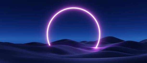istock 3d render, abstract background, cosmic landscape, round portal, pink blue neon light, virtual reality, energy source, glowing round frame, clean cky with ultraviolet spectrum laser ring, winter area 2178213697