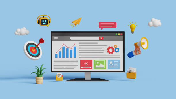 istock Digital marketing automation. Analytics dashboard, SEO, growth, advertising, campaign. Business strategy with KPI. AI powered workflow. 3D analytics dashboard on computer with digital marketing icons 2178213720