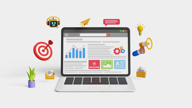 Marketing automation. Digital marketing strategy, SEO, analytics dashboard, business insight, marketing research, advertising, campaign. 3D analytics dashboard on a laptop with digital marketing icons automatización de marketing. estrategia de marketing digital, seo, panel de análisis, conocimiento del negocio, investigación de mercados, publicidad, campaña. panel de análisis 3d en una computadora portátil con íconos de marketing digital