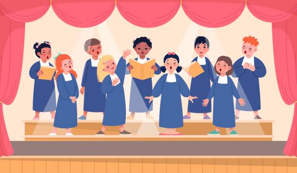Children religious choir on stage. Cute kids group in identical clothes perform and sing songs in unison, little vocalists, gospel music class cartoon flat style isolated vector concept Children religious choir on stage. Cute kids group in identical clothes perform and sing songs in unison, little vocalists, gospel music class cartoon flat style isolated illustration, vector concept gospel stock illustrations